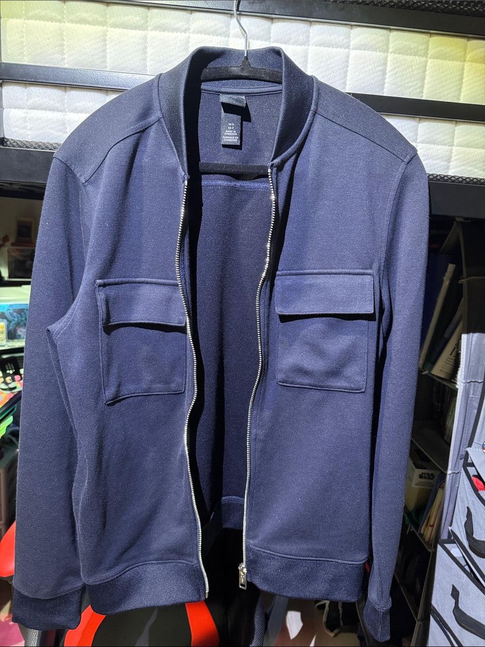 H&M Men's Navy Zip-Up Sweater Jacket with Chest Flap Pockets